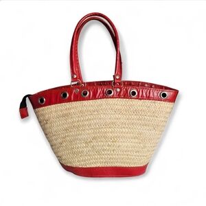 Vintage Y2K Boho Straw With Leather Trim & Grommets Tote Bag 2000s Summer Style